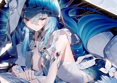 Anime Girl with Blue Hair and Hood
