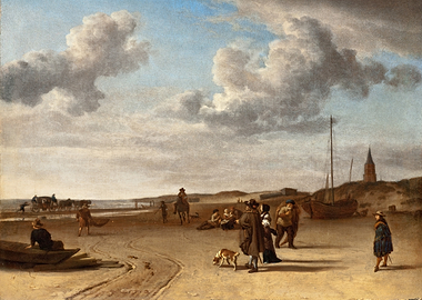 Beach scene with people and a carriage