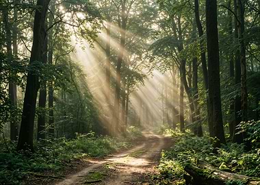 Sunbeams through a forest path