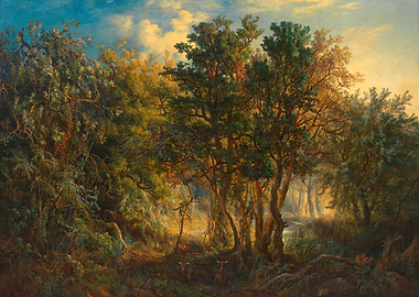 Sunlit Forest with Deer