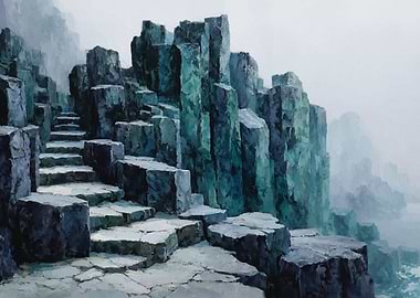 Misty Rocky Staircase by the Sea