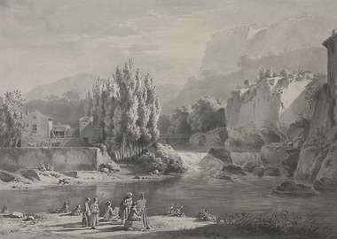 Artists painting by a waterfall