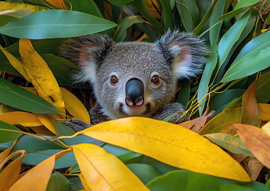 Cute Koala Peeking Through Eucalyptus Leaves
