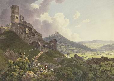 Ruined Castle Landscape with Village