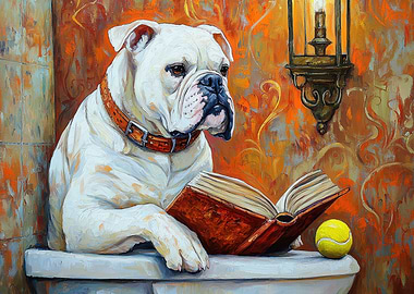 Bulldog Reading a Book on a Toilet