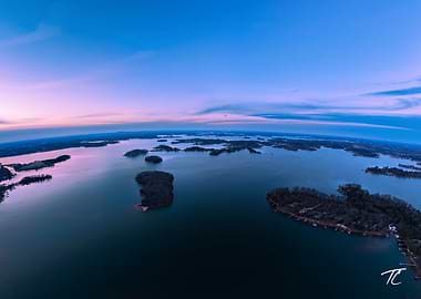 Twilight over a lake with islands