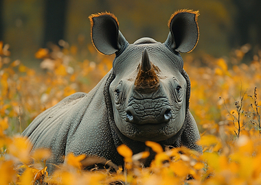 Black Rhinoceros in Autumn Foliage