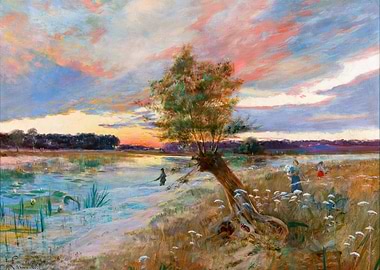 Sunset over a River with Fishermen and Women