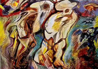 Abstract figures with birds and vibrant colors