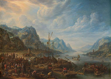 Busy River Port with Mountains