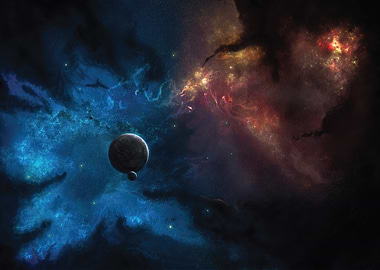 Cosmic Nebula with Planets and Spaceship