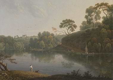 Man fishing by a serene lake