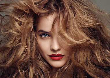 barbara palvin with windswept hair and red lipstick
