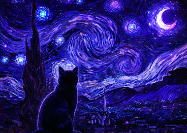 Cat Gazing at Starry Night Sky