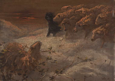 Dog Herding Sheep in a Snowy Landscape