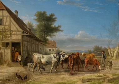 Farm scene with cattle and people