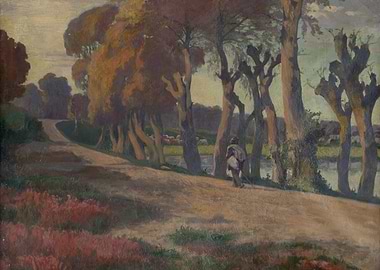 Shepherd walking on a path by a river