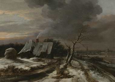 Winter Landscape with Farmhouse and Distant Town