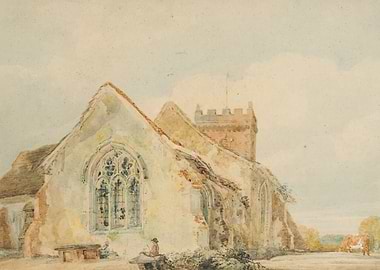 Watercolor painting of an old church and cow