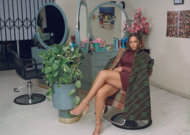 Woman in salon with Gucci scarf