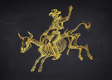 Skeleton Cowboy Riding a Skeleton Bull