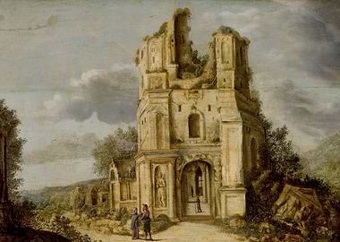 Ruined ancient architecture with figures
