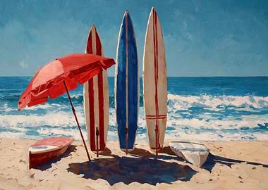 Surfboards and Umbrella on a Beach