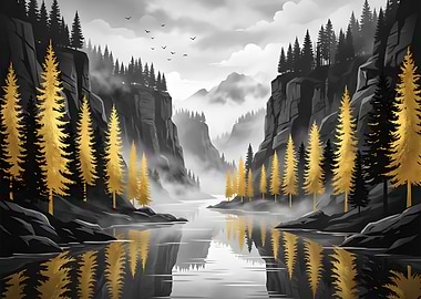Misty Mountain River with Golden Trees