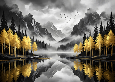 Golden Trees Reflecting in a Misty Mountain Lake