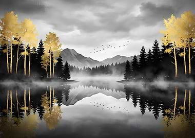 Misty Mountain Lake with Golden Trees