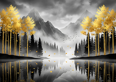 Golden Trees Reflecting in Lake