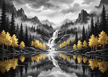Misty Waterfall Landscape with Golden Trees