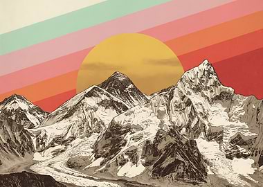 Retro Mountain Sunset Art