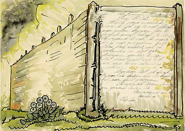 Watercolor painting of a wall with text