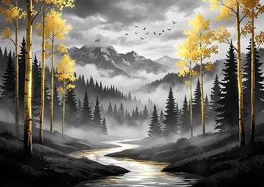 Misty Mountain Forest with Golden Trees