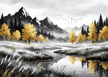 Golden Trees by a Mountain Stream