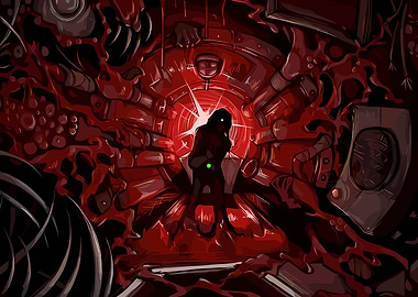 Dark Figure in Bloody Sci-Fi Chamber