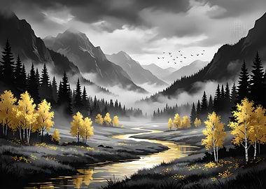 Misty Mountain Valley with Golden Trees