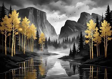 Golden Aspen Trees by a Misty River