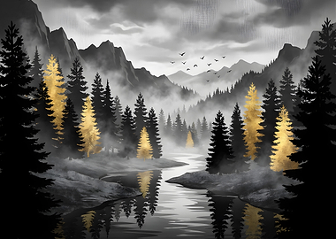 Misty Forest River with Golden Trees