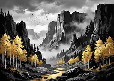 Golden Trees in a Misty Mountain Canyon