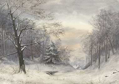 Winter Landscape with Snow-Covered Trees and House