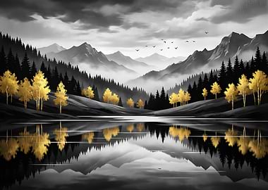 Golden Trees Reflecting in a Serene Lake
