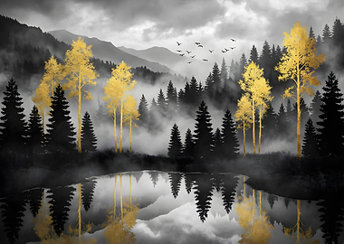 Misty Forest with Golden Trees