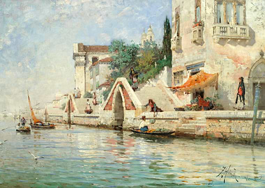Venetian Canal Scene with Bridge and Boats