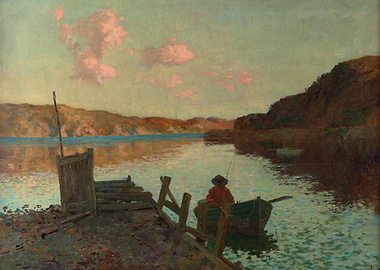 Fisherman in a boat at dawn