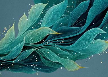 Abstract flowing teal and green leaves with glitter