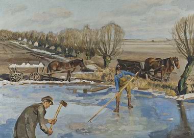 Winter Ice Harvesting Scene