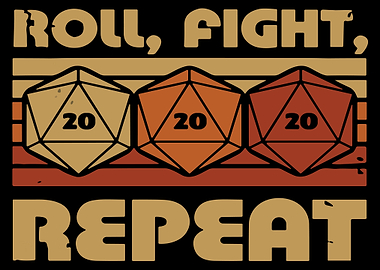 Roll Fight Repeat Poster, Retro D20 Dice Gaming Wall Art, Tabletop RPG Vintage Print