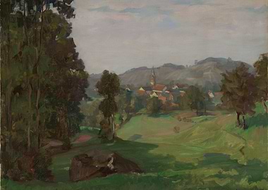 Village nestled in rolling hills